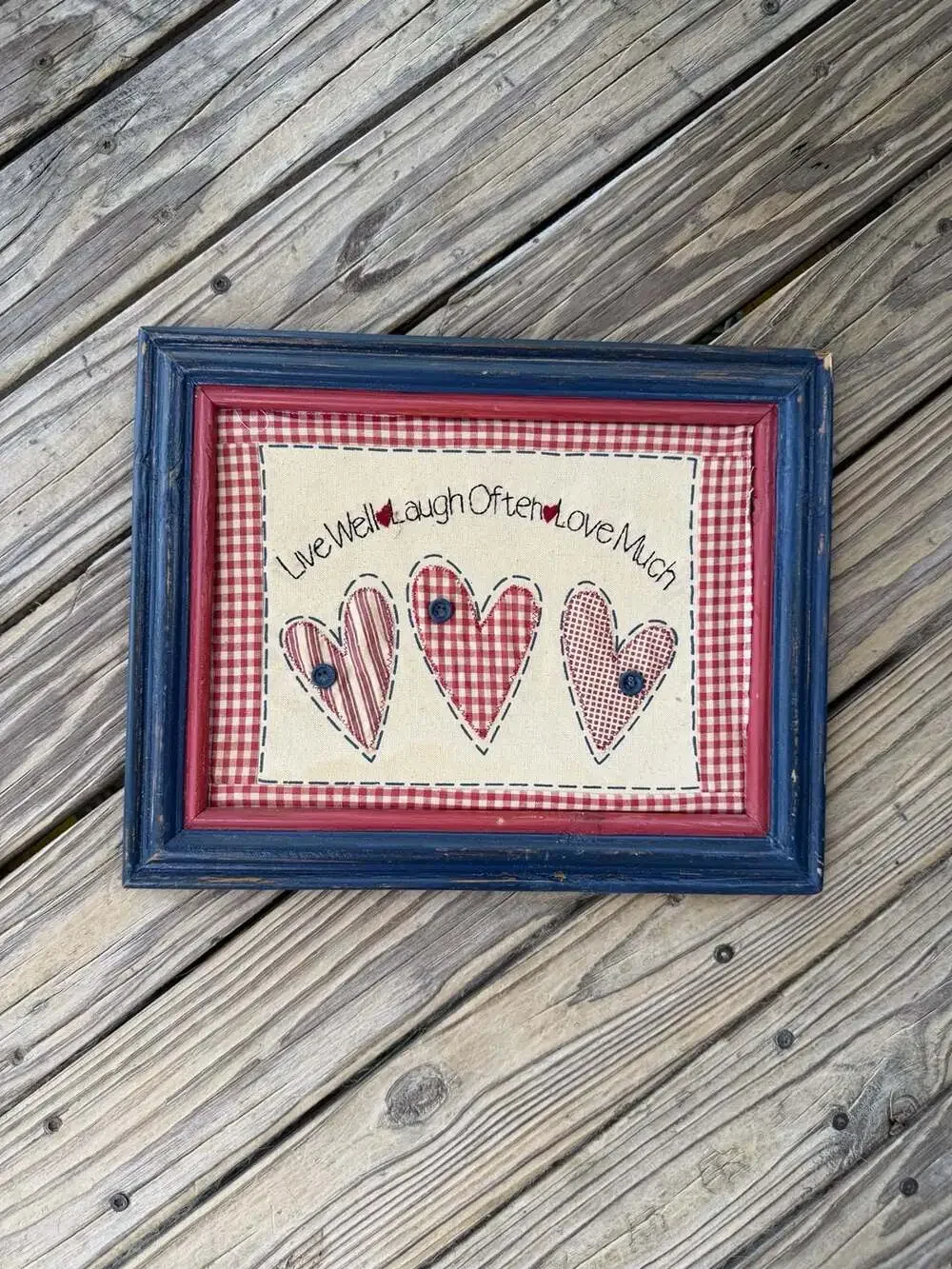 Handcrafted 'Live Well Laugh Often Love Much' Fabric Wall Art with Heart Appliqu